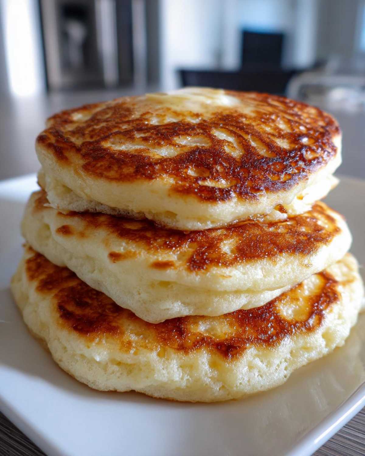 Close-up of a stack of three golden-brown, thick, and fluffy pancakes ready to eat.
