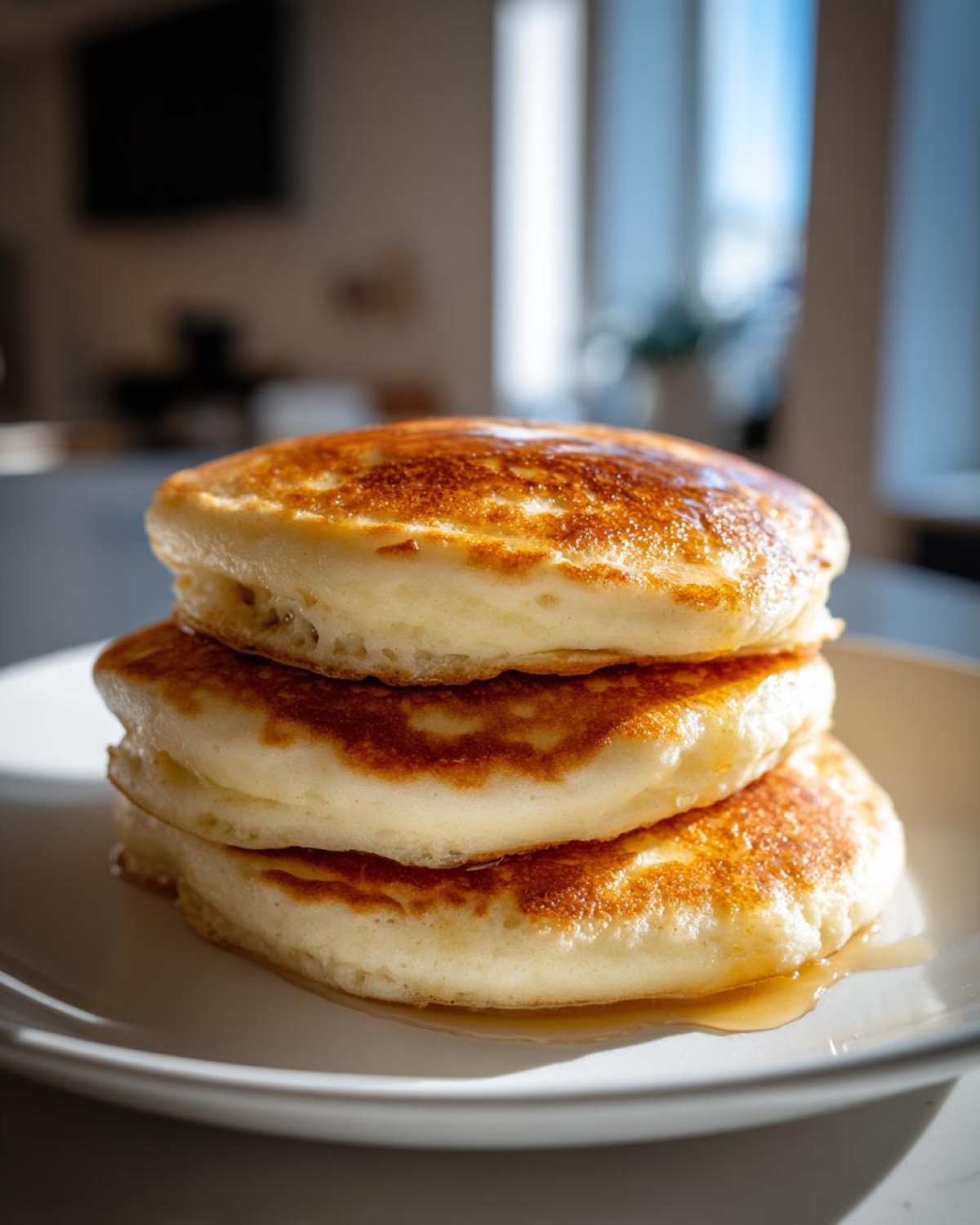 A vertical stack of three thick, golden-brown fluffy pancakes drizzled with syrup on a white plate.