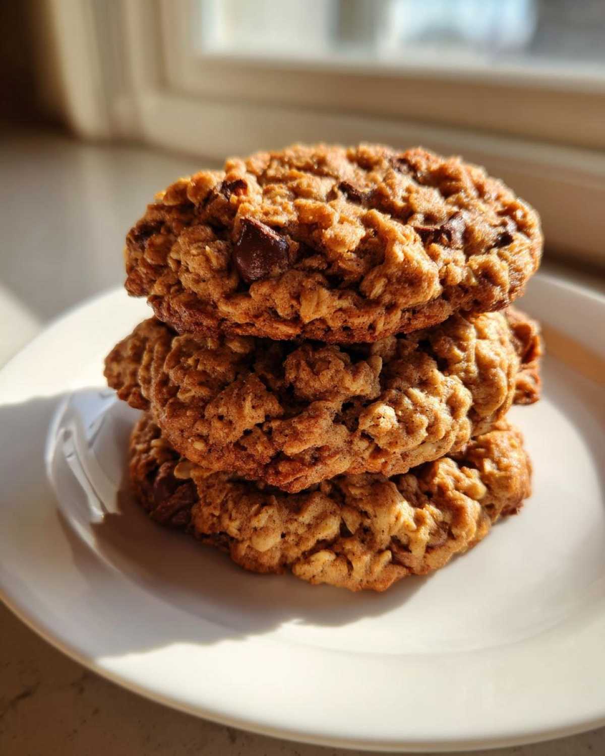 A stack of three golden brown, chewy oatmeal cookie with visible chocolate chips, set against a bright window.