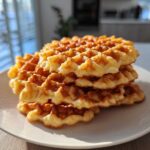 A stack of four golden brown, crisp pizzelle cookies dusted lightly with spice on a white plate.