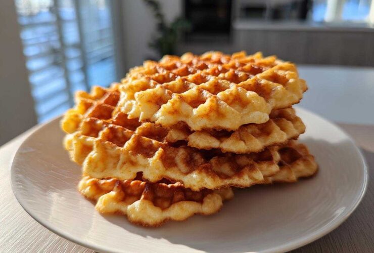 A stack of four golden brown, crisp pizzelle cookies dusted lightly with spice on a white plate.