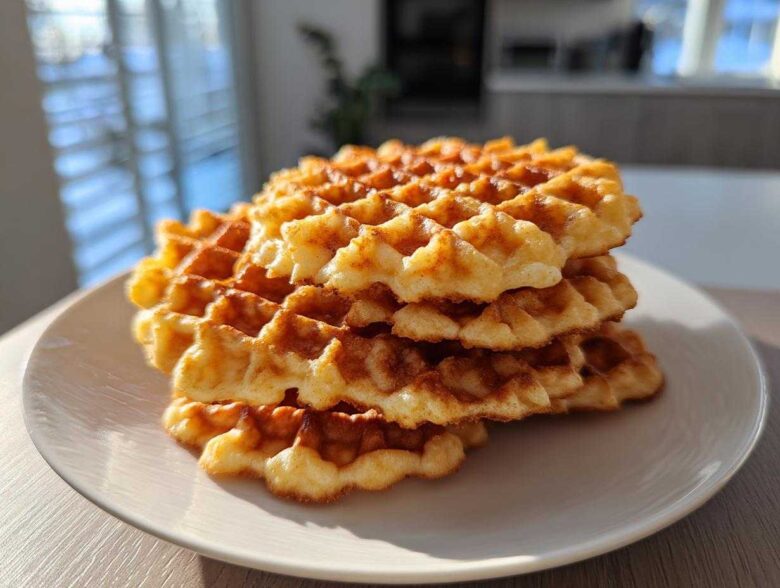 A stack of four golden brown, crisp pizzelle cookies dusted lightly with spice on a white plate.