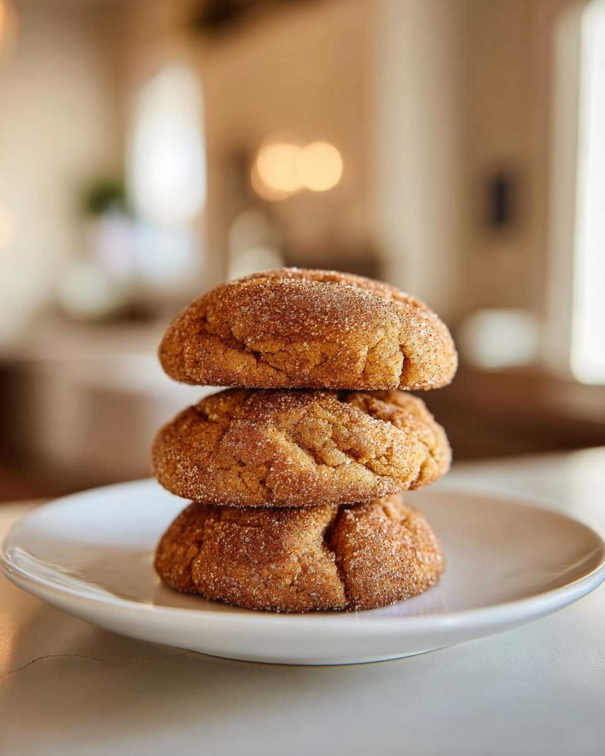 A vertical stack of three soft, thick pumpkin snickerdoodle cookies coated in cinnamon sugar on a white plate.