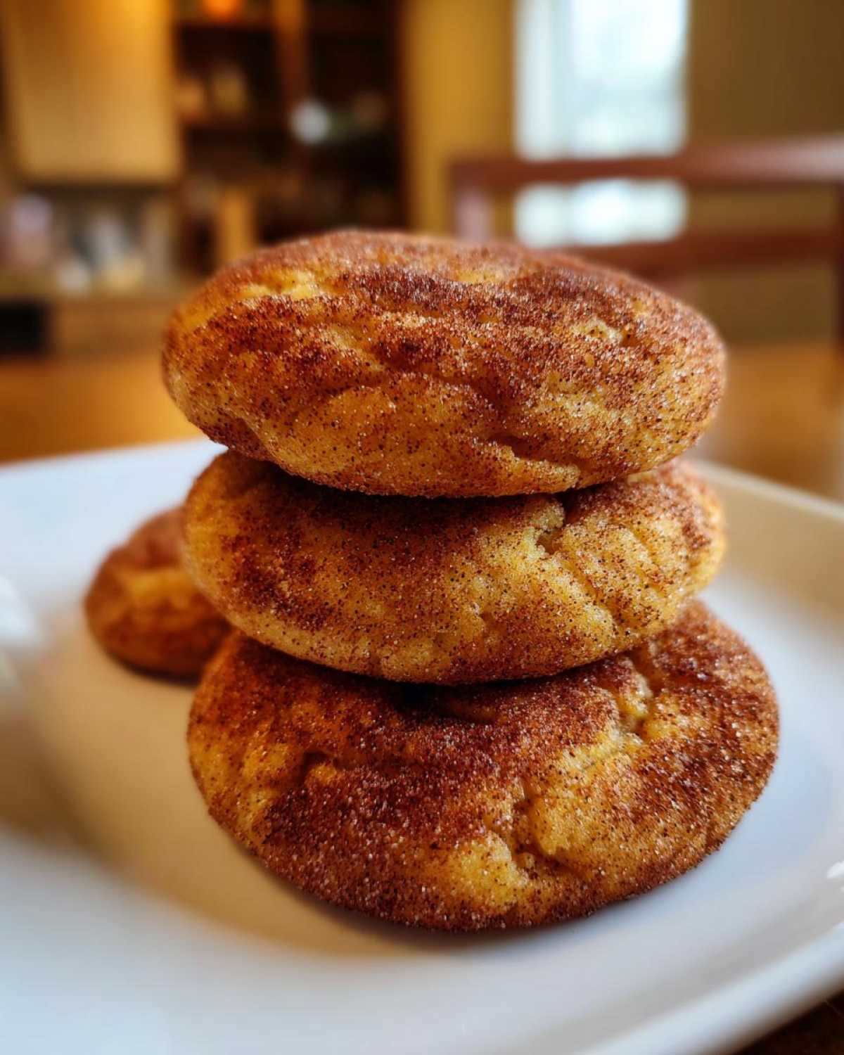 A close-up stack of three soft, thick pumpkin snickerdoodle cookies coated in cinnamon sugar.