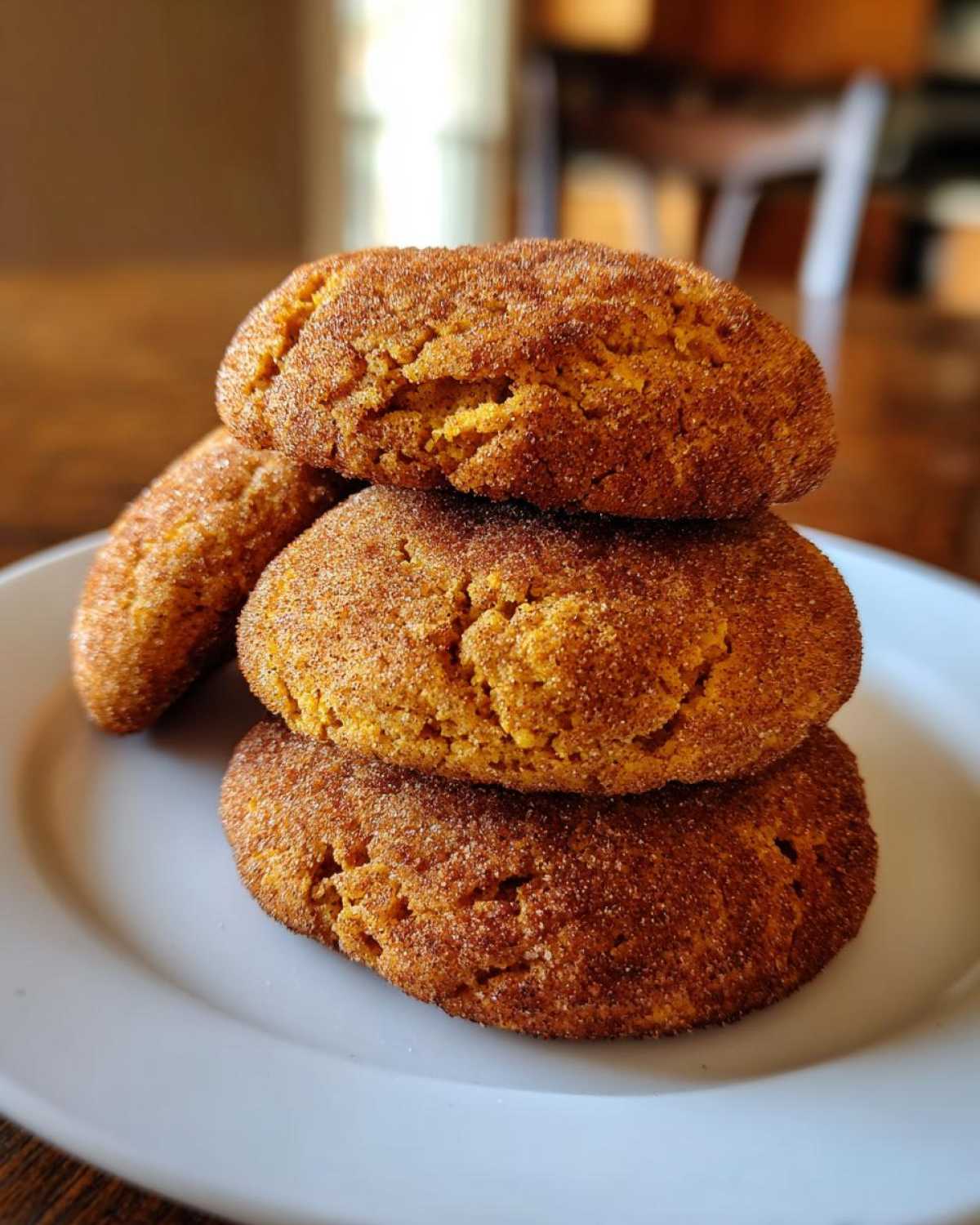 A stack of three soft, thick pumpkin snickerdoodle cookies coated in cinnamon sugar on a white plate.