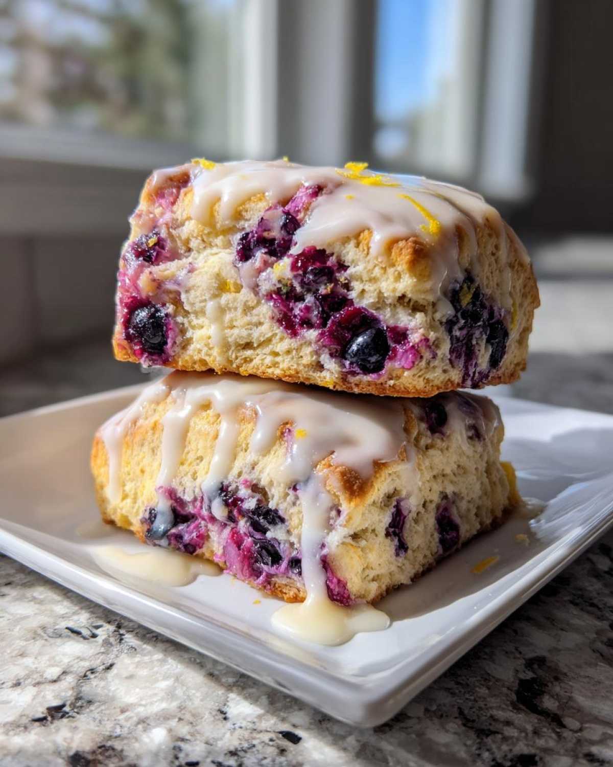 Two stacked, thick blueberry scones topped with a sweet lemon glaze and zest.
