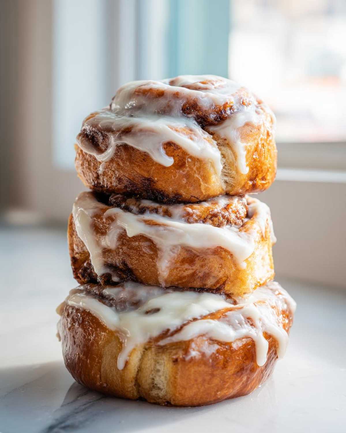 Three freshly baked cinnamon rolls stacked vertically, generously covered in white cream cheese icing.