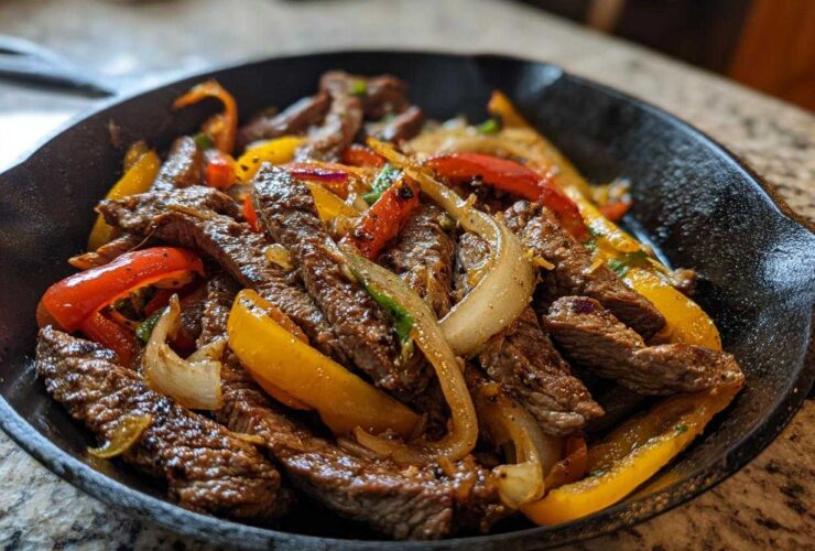 Close-up of sizzling steak fajitas with sliced peppers and onions served in a hot cast iron skillet.