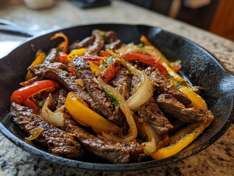 Close-up of sizzling steak fajitas with sliced peppers and onions served in a hot cast iron skillet.