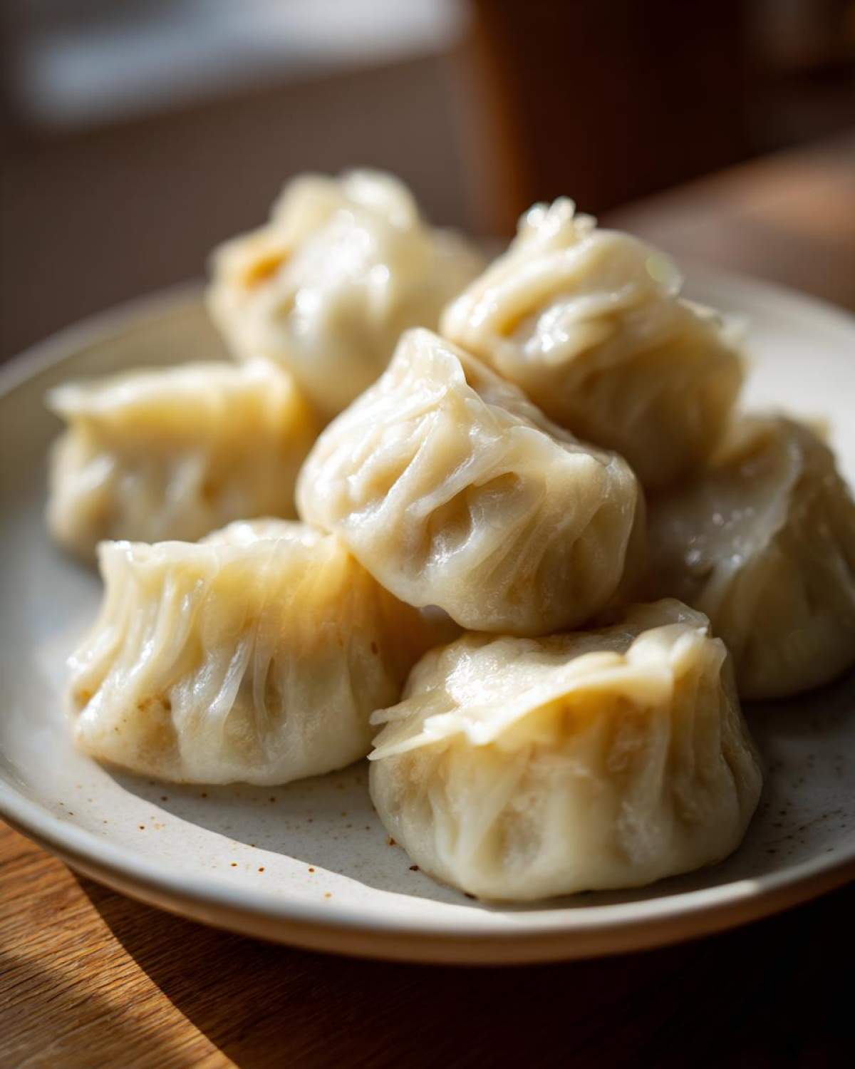Close-up of several perfectly pleated, steamed Traditional Chinese Dumplings piled on a speckled white plate.