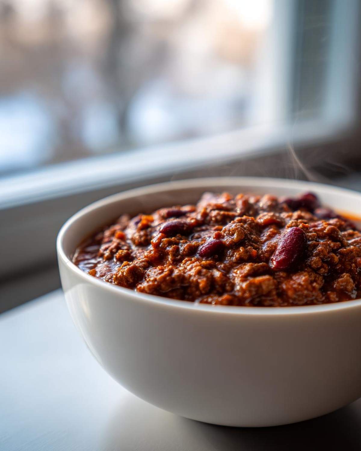 Close-up of a steaming white bowl filled with rich, thick best chili recipe featuring ground meat and kidney beans.