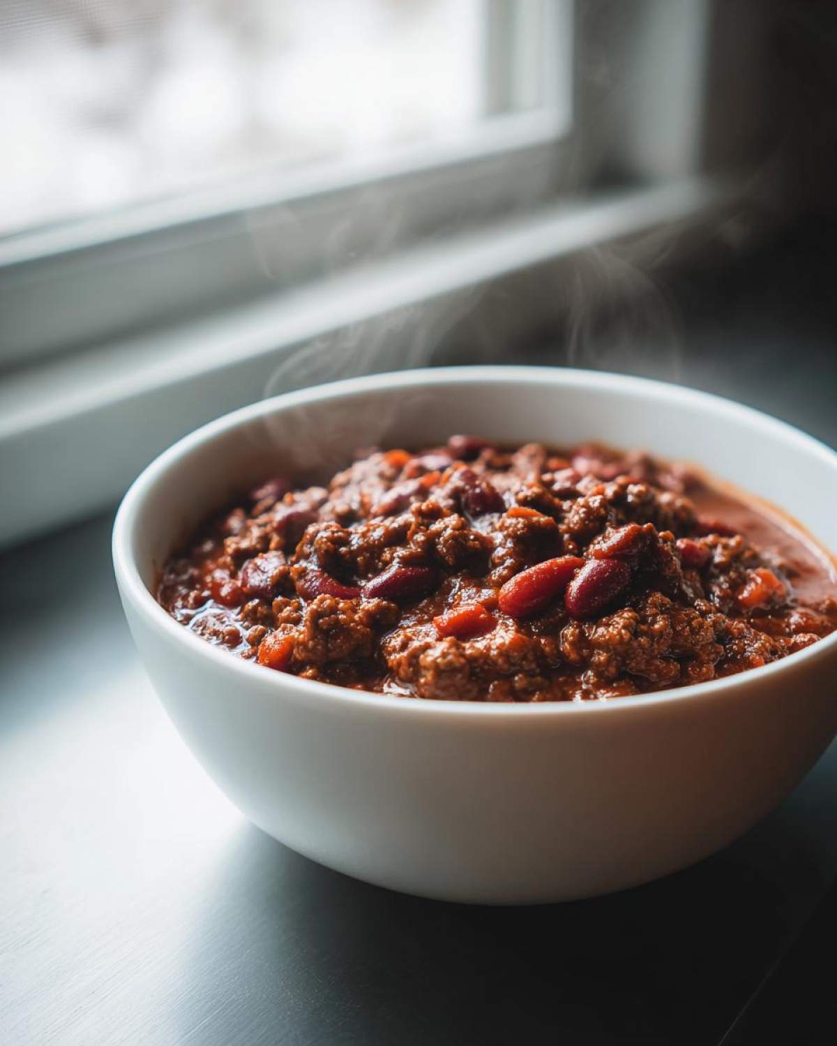 A steaming white bowl filled with rich, hearty chili, perfect for the best chili recipe.