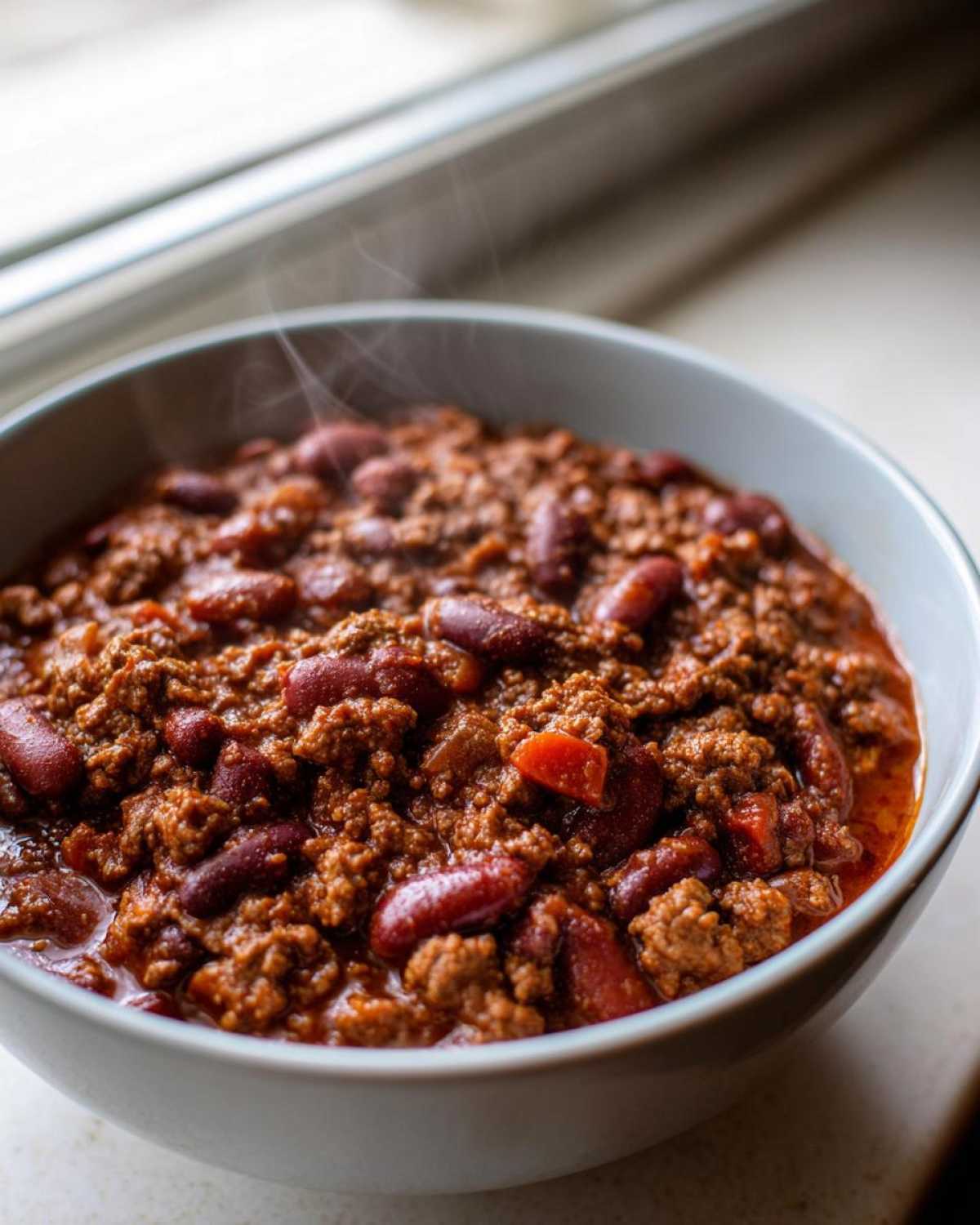 Close-up of a steaming bowl filled with the best chili recipe, showing ground meat and kidney beans in a rich red sauce.