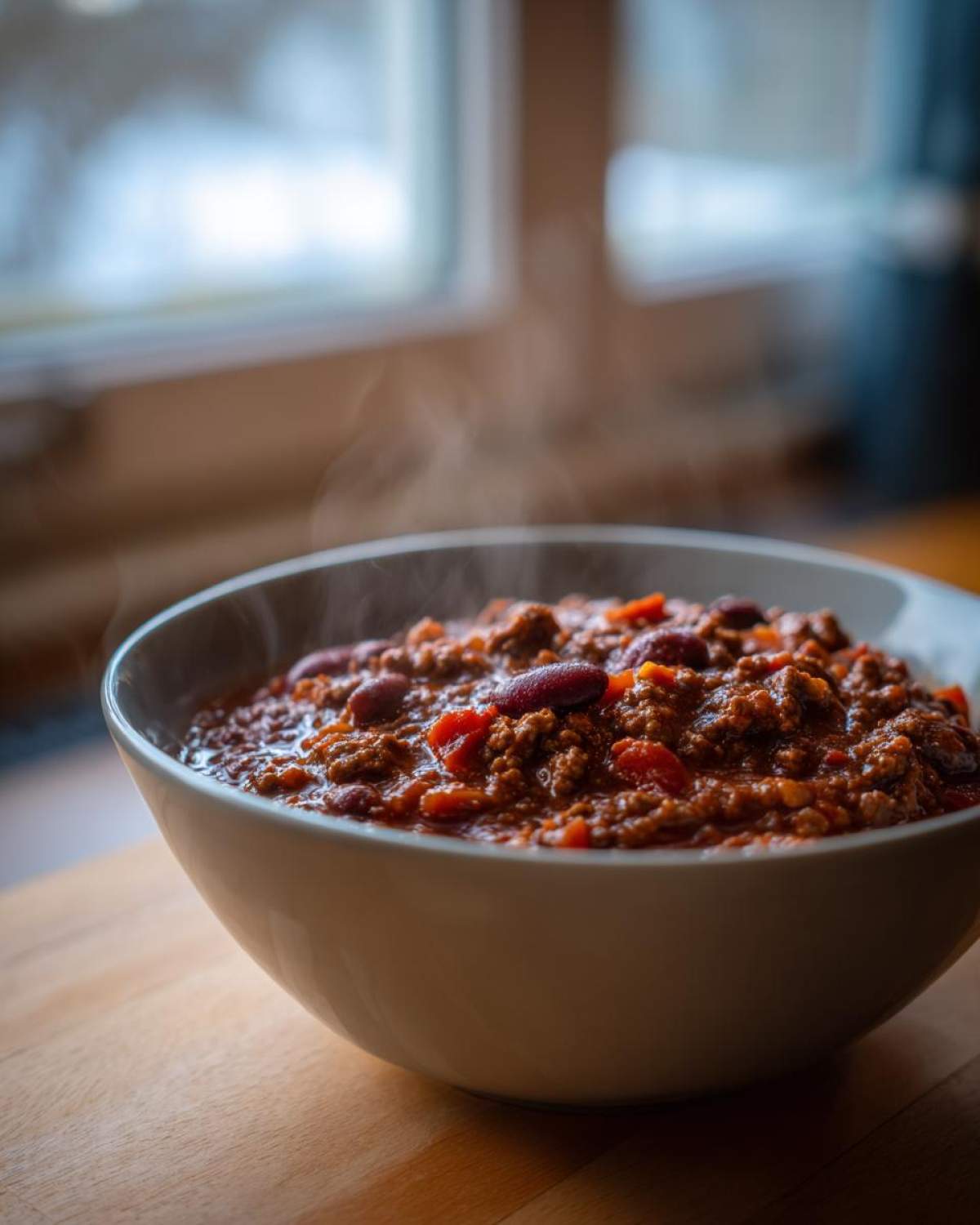 A steaming bowl of rich, hearty chili with ground meat and kidney beans, perfect for the best chili recipe.