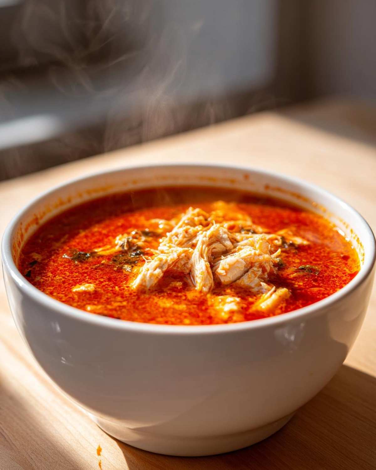 Close-up of a steaming white bowl filled with vibrant red chicken pozole, topped with shredded chicken.