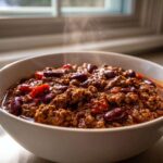 A close-up of a steaming white bowl filled with rich, hearty crockpot chili featuring ground beef and kidney beans.
