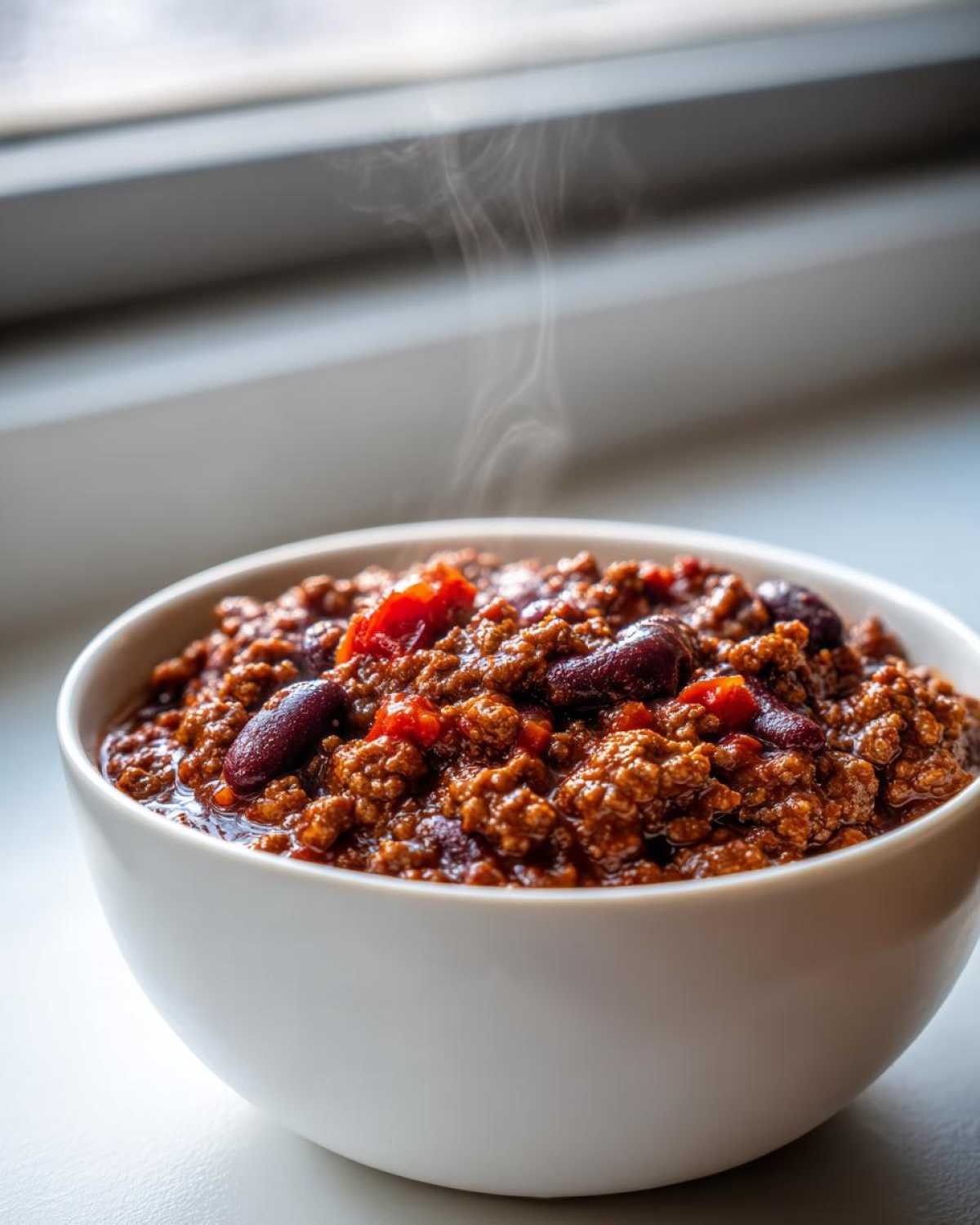 Close-up of a steaming white bowl filled with rich, hearty crockpot chili containing ground meat and kidney beans.