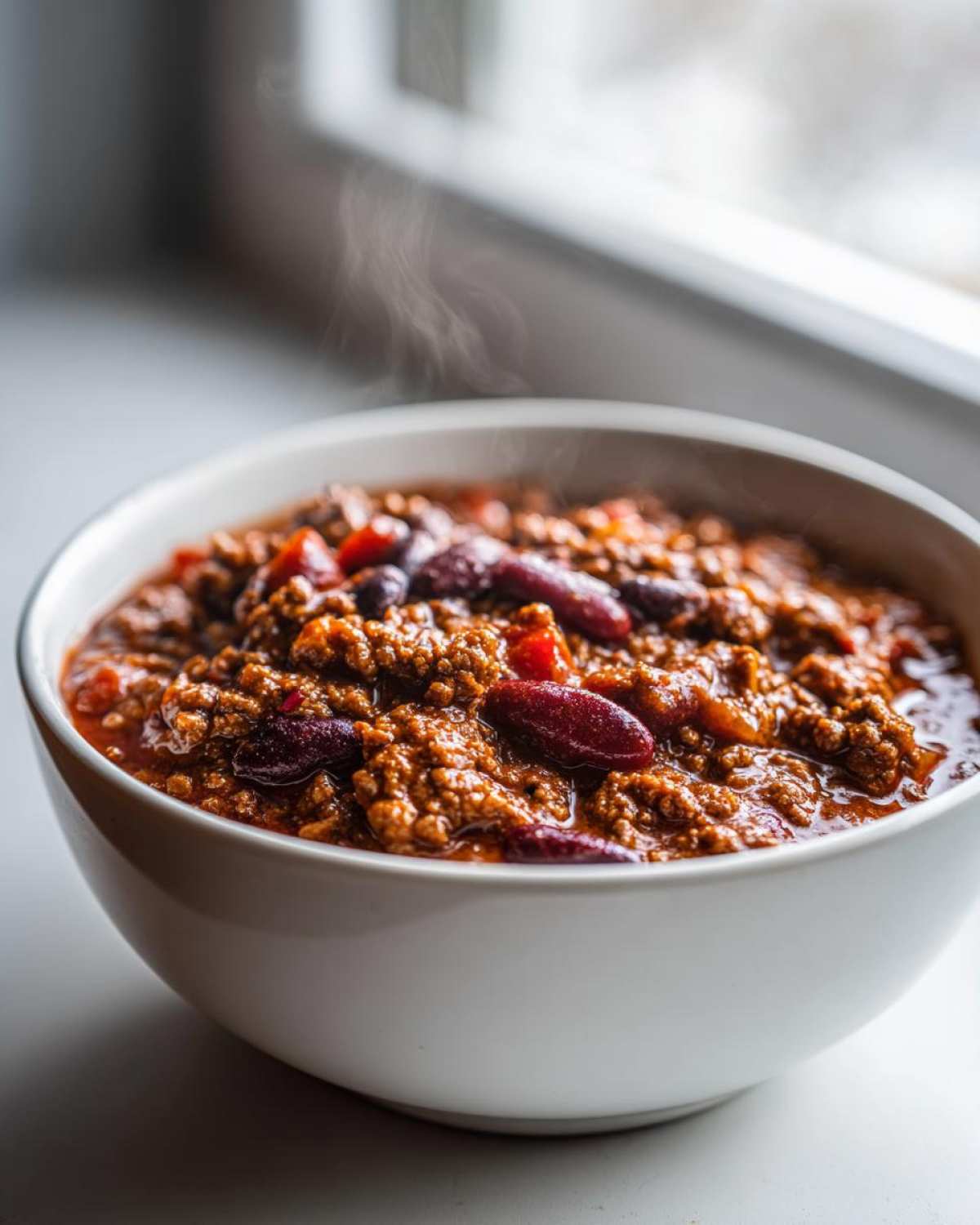 Close-up of a steaming white bowl filled with rich, meaty crockpot chili featuring visible kidney beans.
