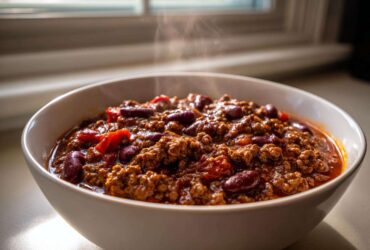 A close-up of a steaming white bowl filled with rich, hearty crockpot chili featuring ground beef and kidney beans.