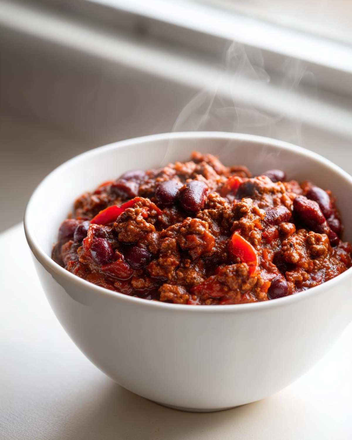 Close-up of a steaming white bowl filled with rich, hearty crockpot chili featuring ground meat and dark red kidney beans.