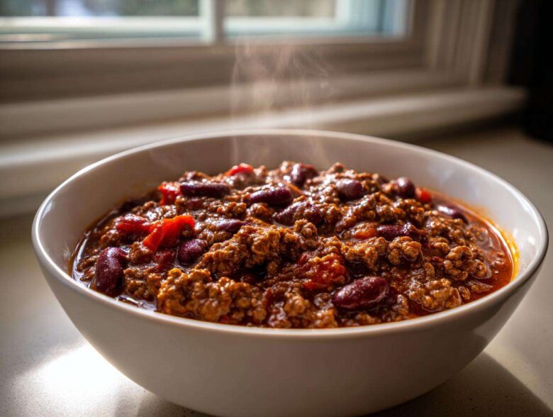 A close-up of a steaming white bowl filled with rich, hearty crockpot chili featuring ground beef and kidney beans.