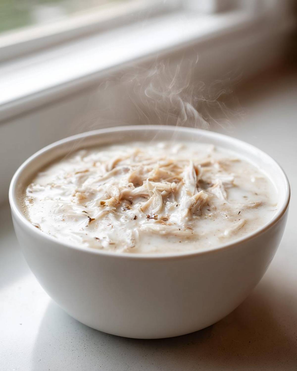 A white bowl filled with steaming homemade cream of chicken soup topped with shredded chicken.
