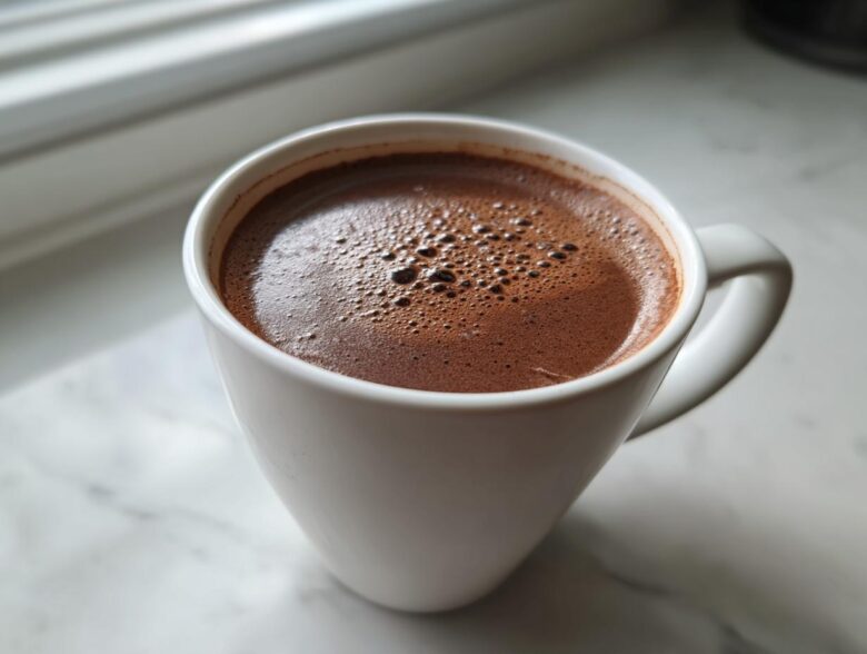 Close-up of a white mug filled with rich, dark hot cocoa mix, resting on a white marble surface near a window.