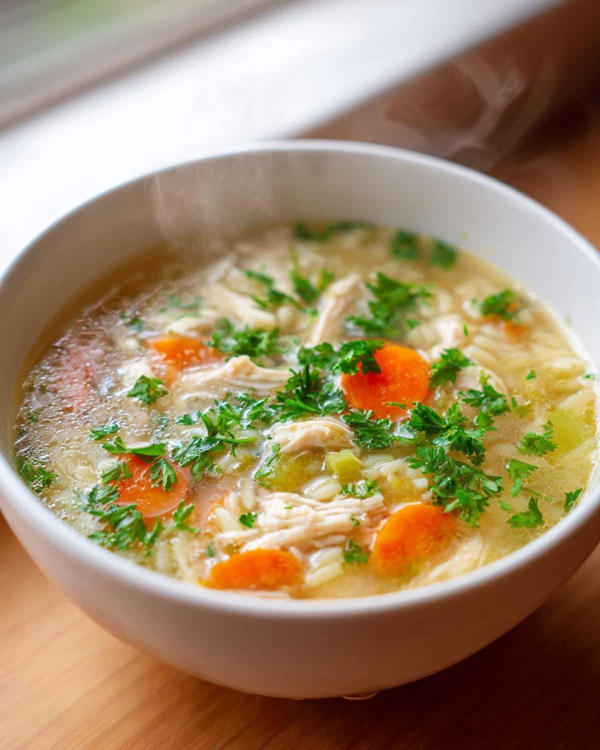 A close-up of a steaming white bowl filled with penicillin soup, featuring shredded chicken, noodles, bright orange carrots, and fresh parsley.
