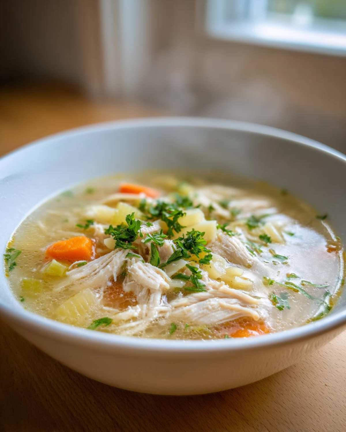 Close-up of a steaming bowl of penicillin soup filled with shredded chicken, carrots, noodles, and fresh parsley garnish.