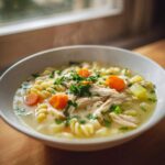 A close-up of a steaming bowl of penicillin soup featuring shredded chicken, rotini pasta, bright orange carrots, and fresh parsley.
