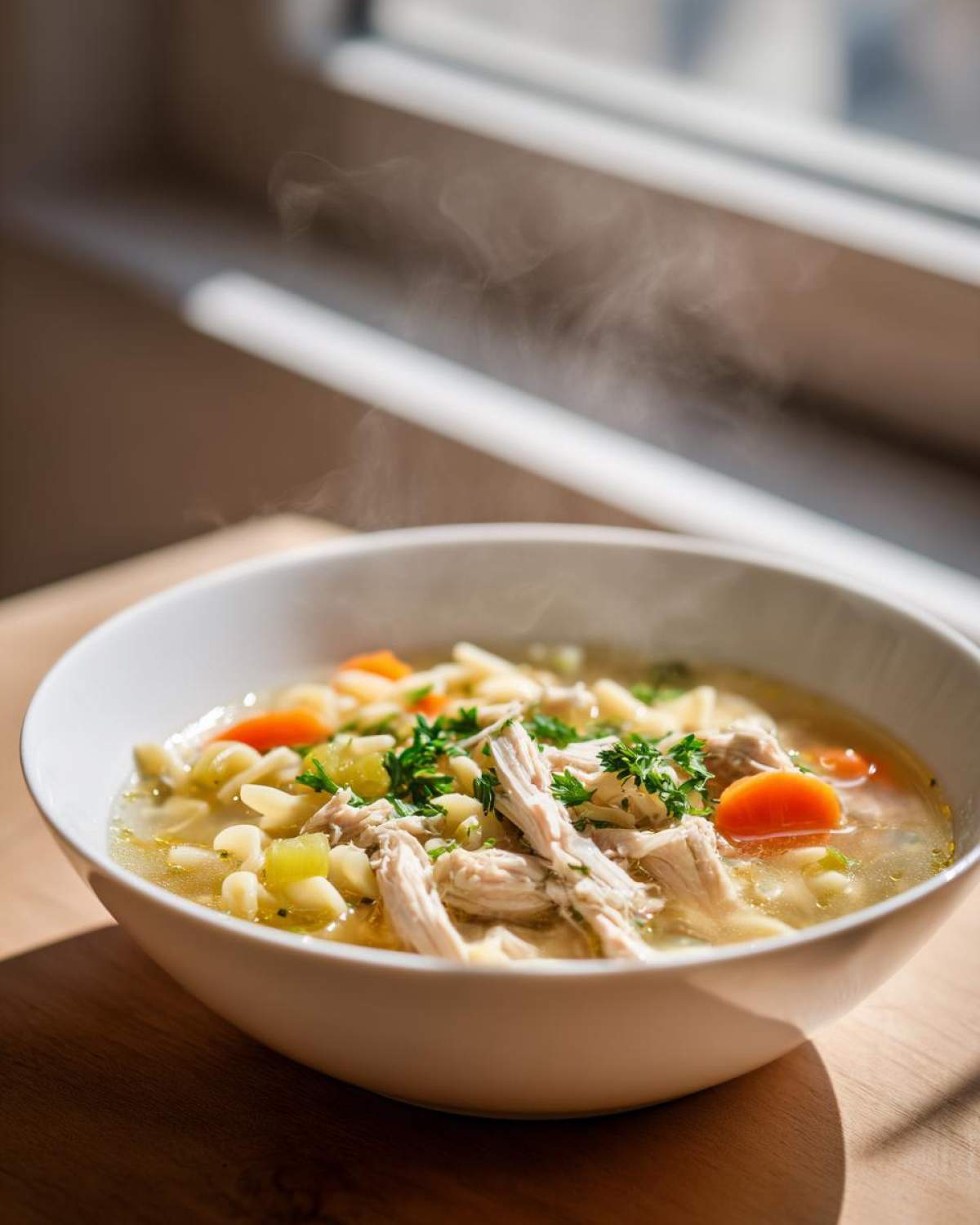 A steaming white bowl filled with amazing penicillin soup featuring shredded chicken, egg noodles, carrots, and parsley.