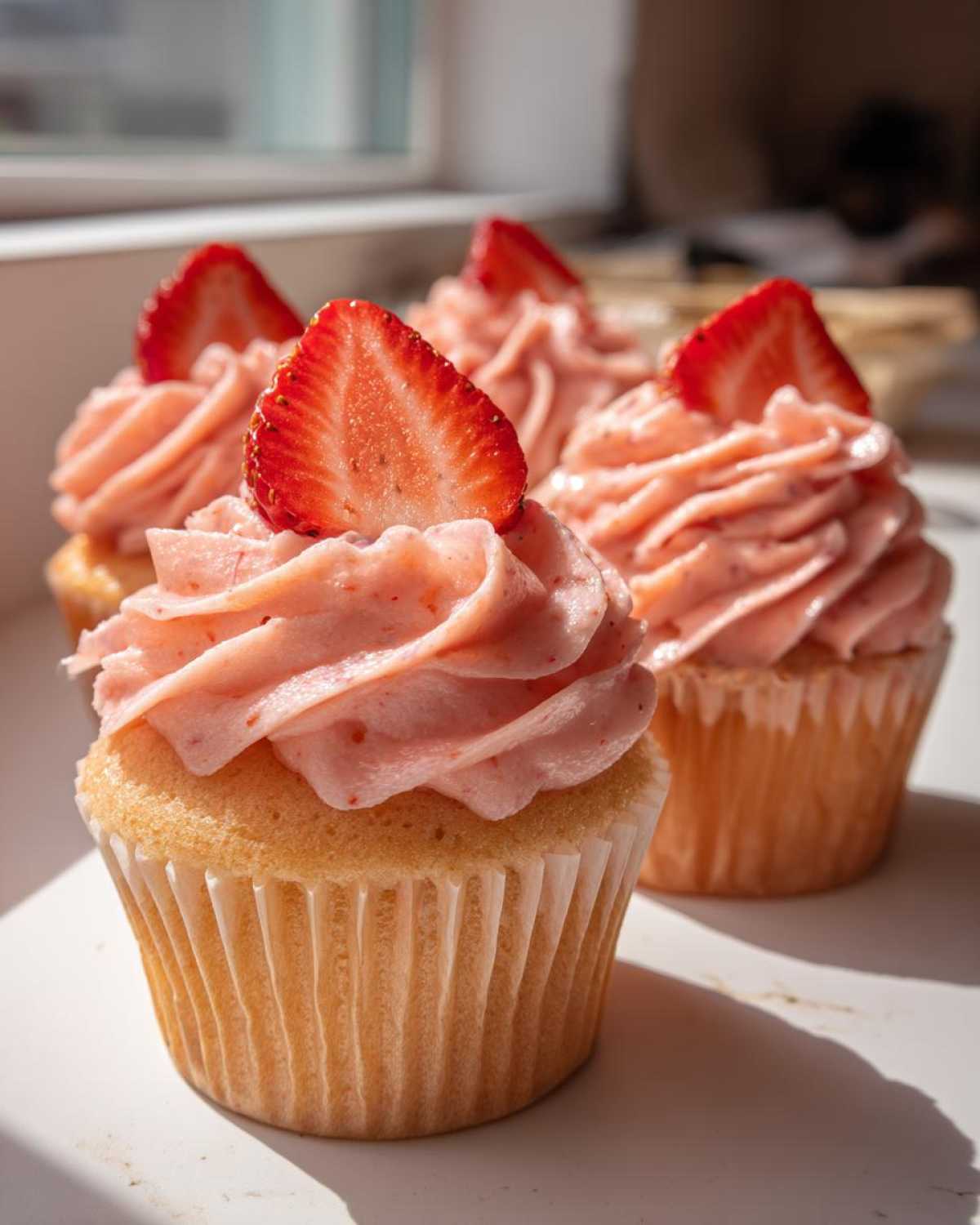 Three delicious strawberry cupcakes topped with swirled pink frosting and fresh strawberry slices.