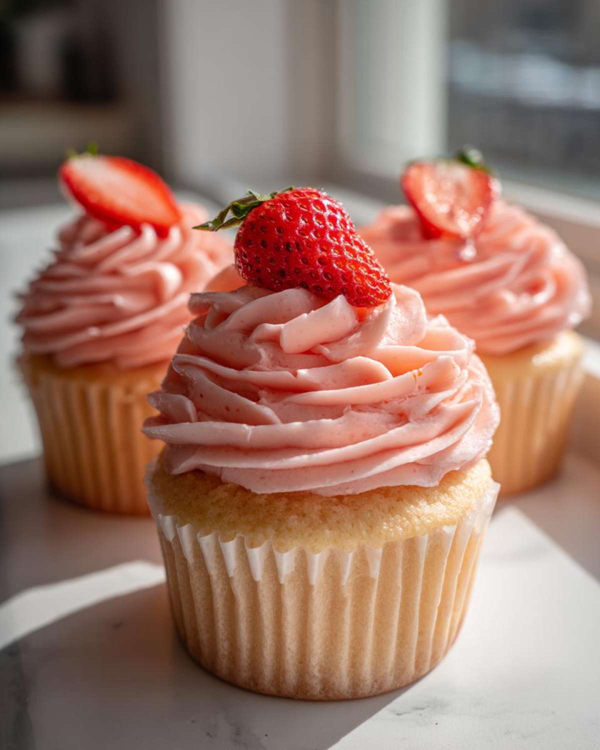 A close-up of three freshly baked strawberry cupcakes topped with pink frosting and fresh strawberries.