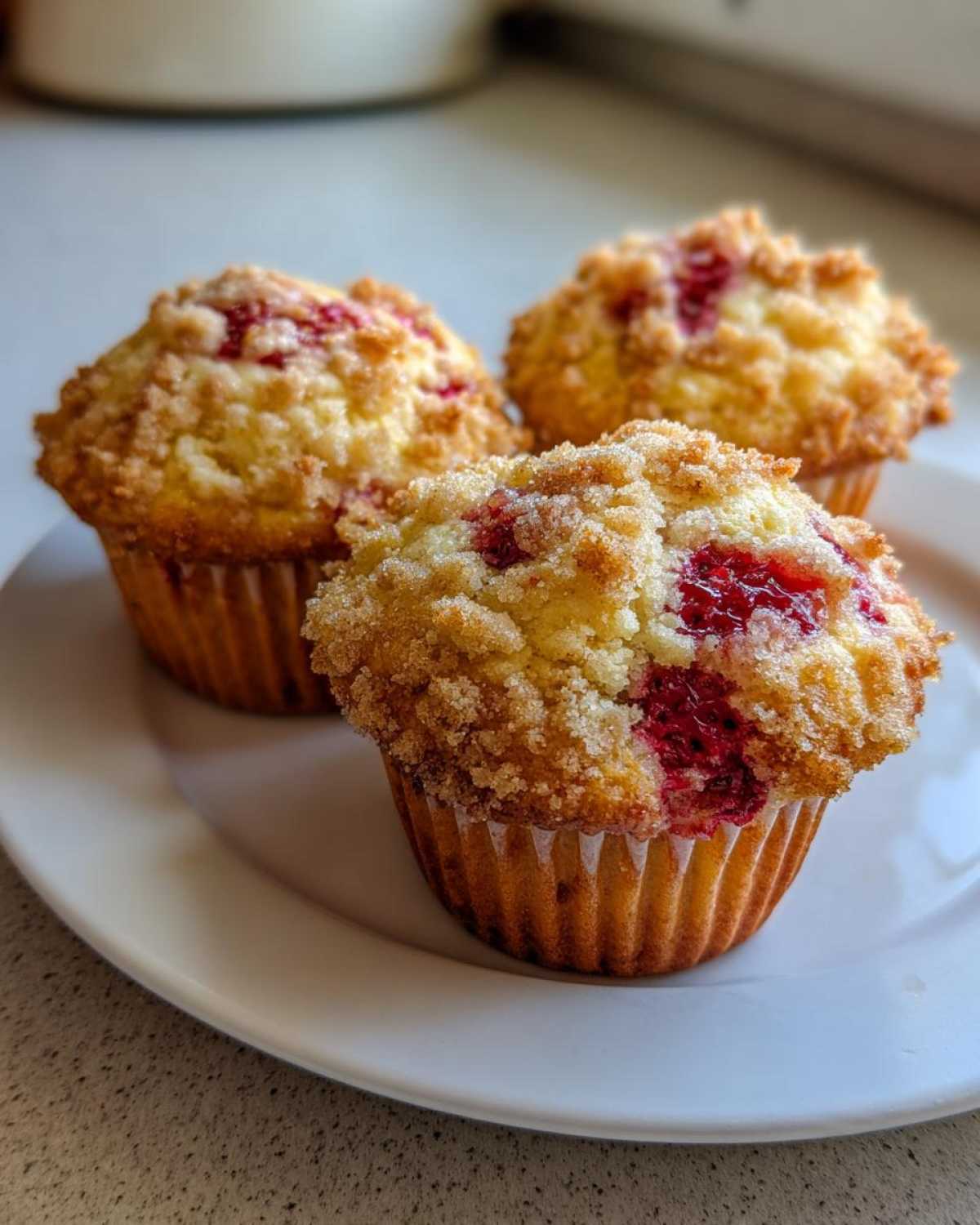 Three delicious strawberry muffins with a sugary crumb topping served on a white plate.