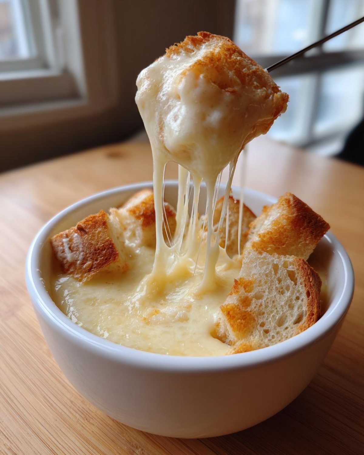 A cube of toasted bread is pulled from a bowl of hot cheese fondue, showing long, irresistible cheese strings.