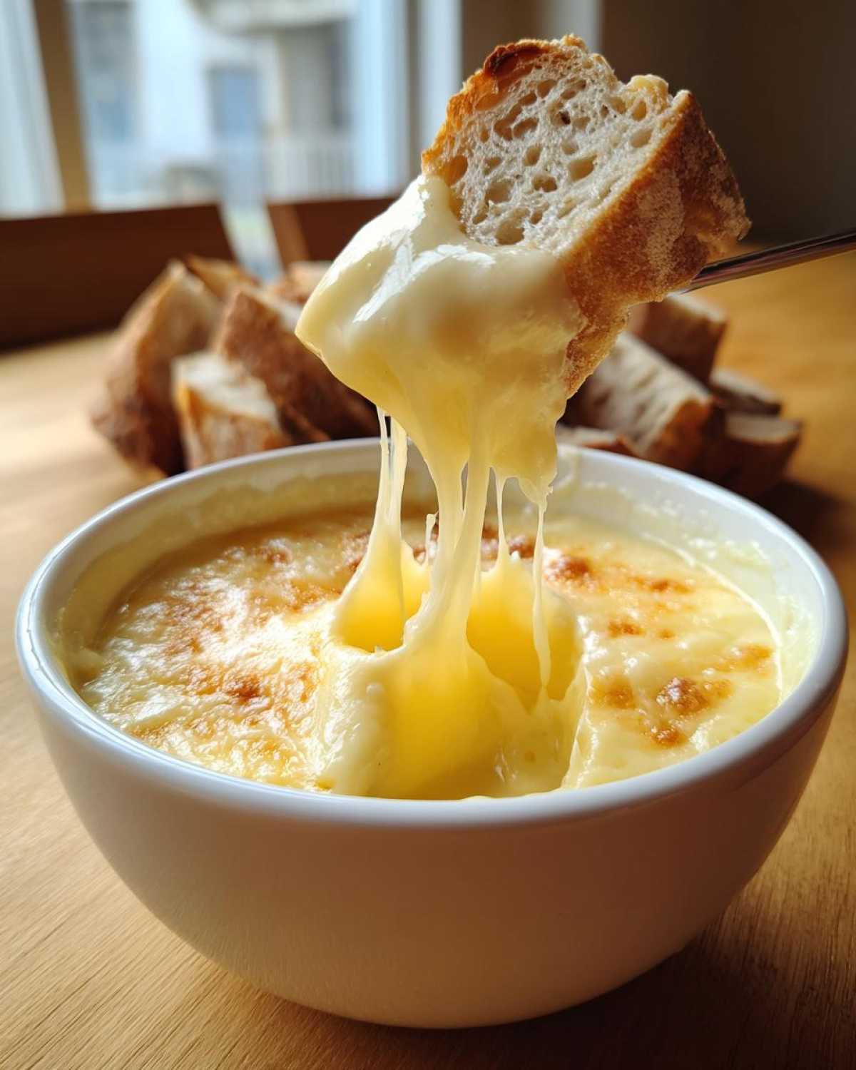 A piece of crusty bread being dipped into a bowl of hot, stretchy cheese fondue recipe.