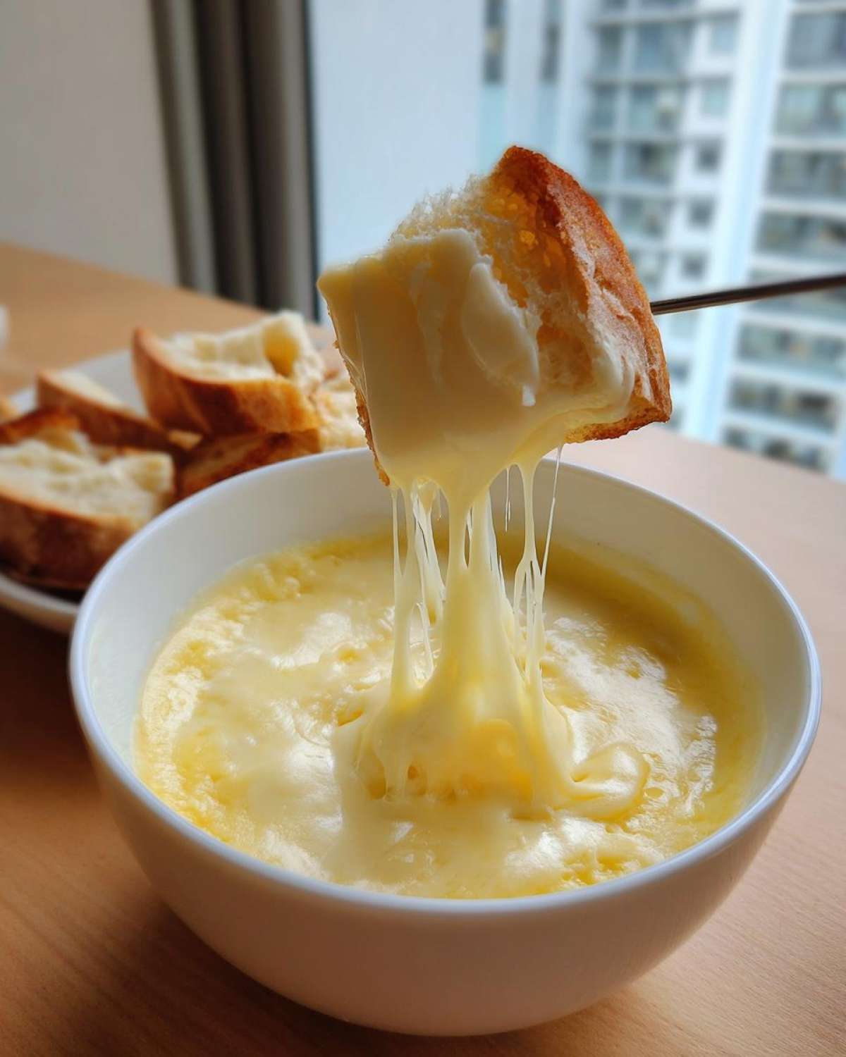 A piece of toasted bread being dipped into a bowl of hot, stretchy cheese fondue recipe.
