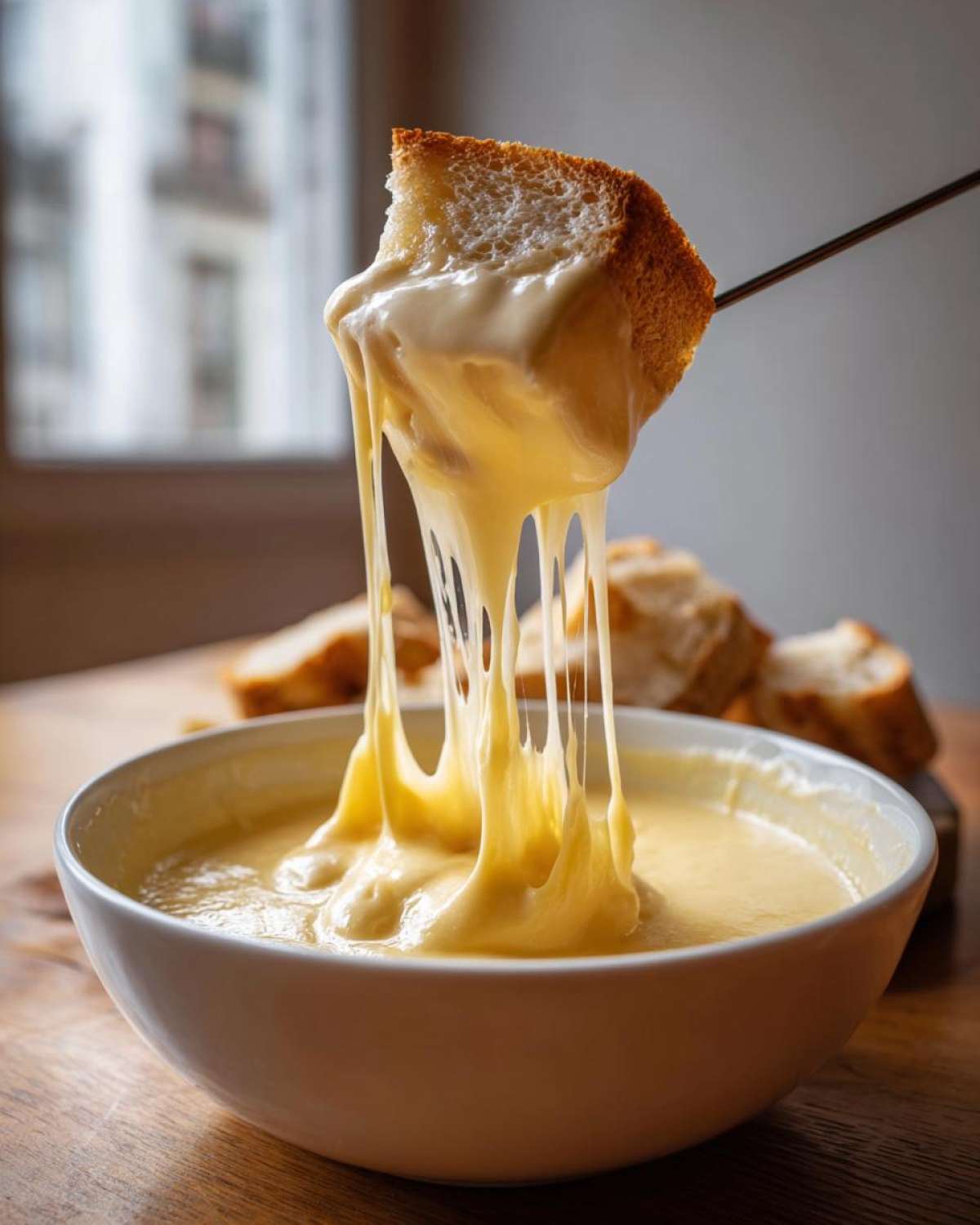 A piece of bread is lifted from a bowl of creamy cheese fondue recipe, showing long, stretchy cheese pulls.