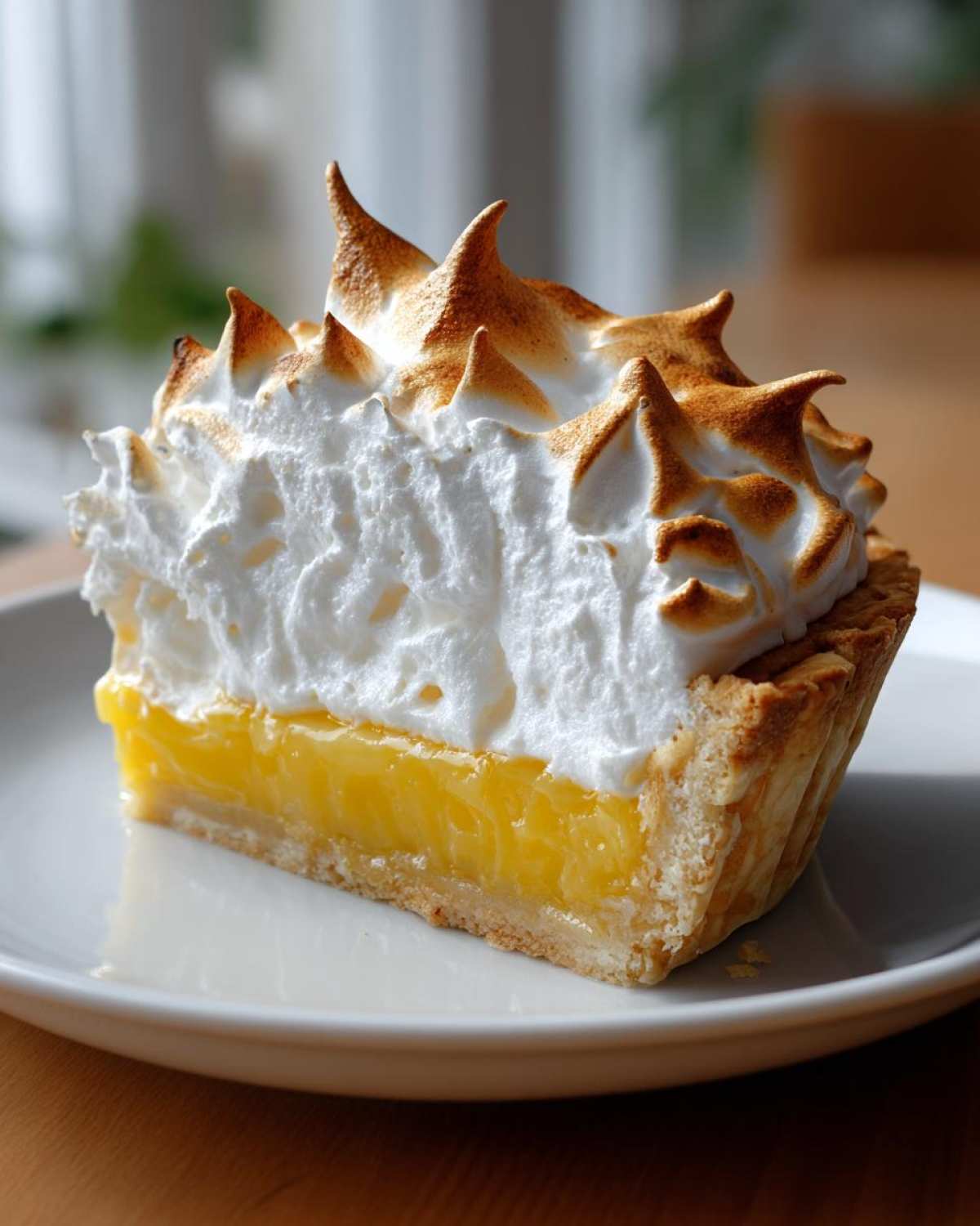 A close-up slice of lemon meringue pie showing bright yellow filling, crust, and tall, torched meringue peaks.