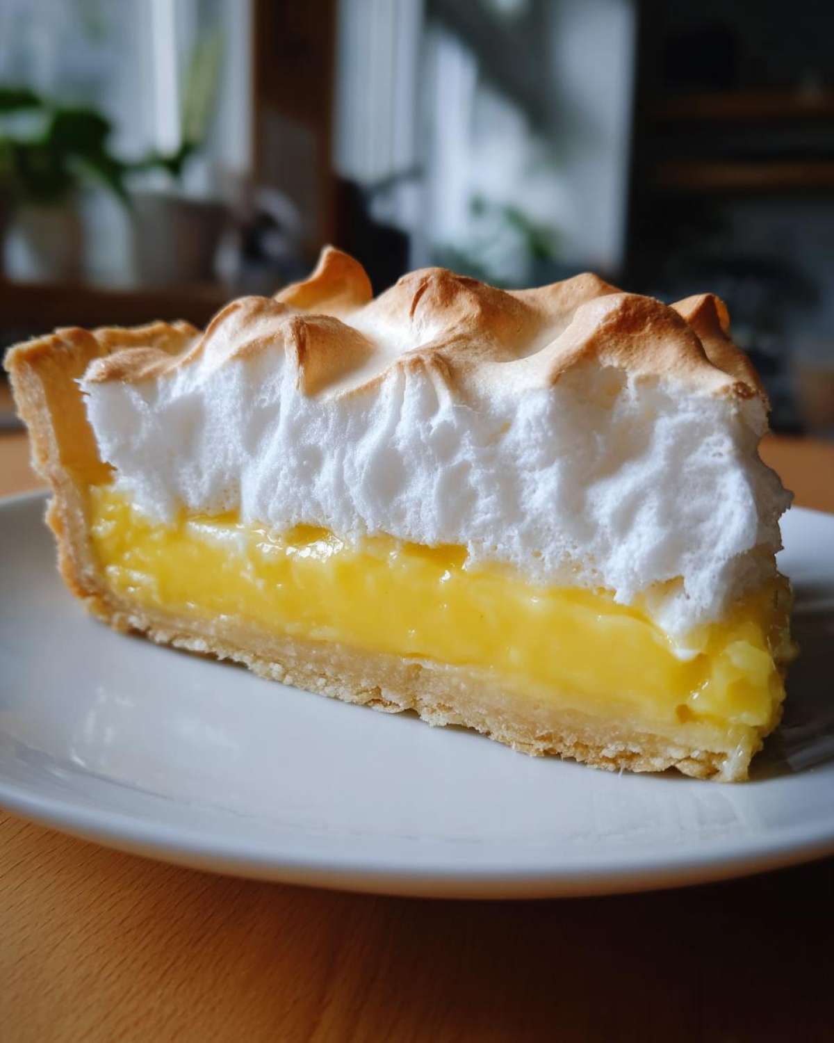 A close-up slice of lemon meringue pie showing thick yellow curd and toasted meringue topping.