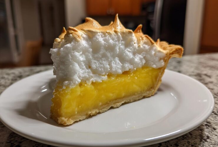 A close-up of a perfect slice of lemon meringue pie showing bright yellow filling and toasted meringue peaks.