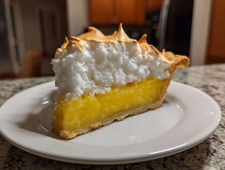 A close-up of a perfect slice of lemon meringue pie showing bright yellow filling and toasted meringue peaks.