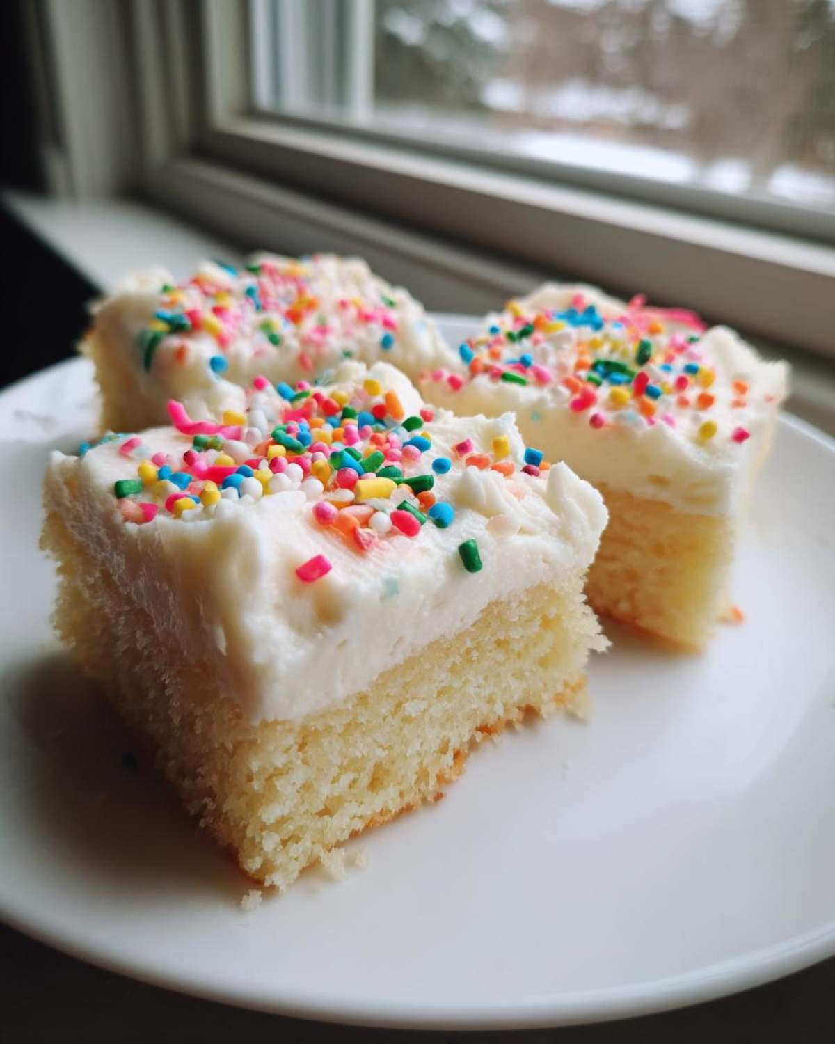 Three square slices of soft sugar cookie bars topped with thick white frosting and colorful sprinkles.