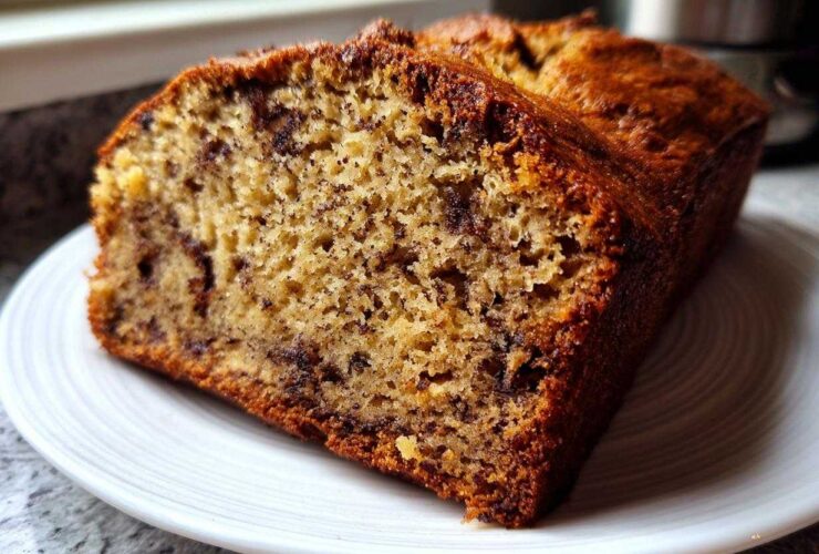 Close-up of a thick slice of moist sugar free banana bread with visible chocolate chips on a white plate.