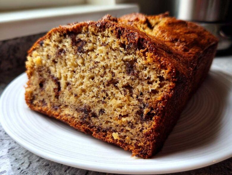 Close-up of a thick slice of moist sugar free banana bread with visible chocolate chips on a white plate.