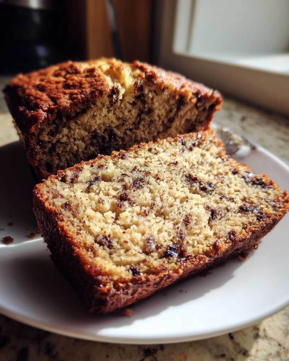 Close-up of a slice of moist sugar free banana bread with visible chocolate chips on a white plate.