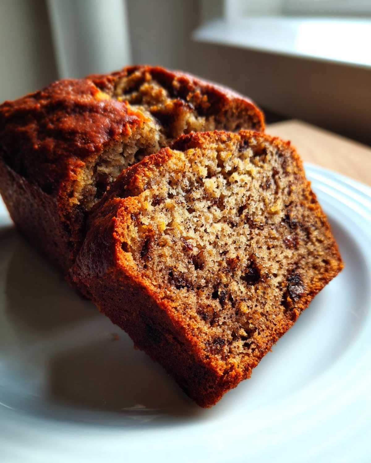 Two slices of moist, golden-brown sugar free banana bread resting on a white plate.