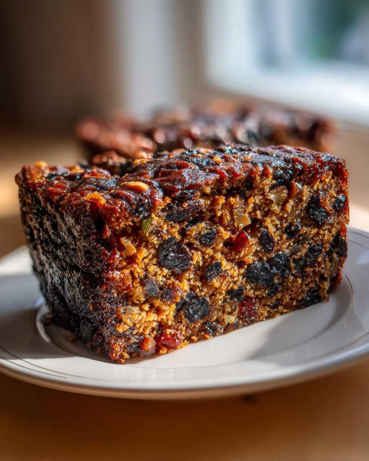 Close-up of a rich, dark slice of super moist fruit cake packed with raisins and candied fruit.
