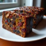Close-up of a moist slice of fruit cake packed with colorful dried fruits and nuts on a white plate.