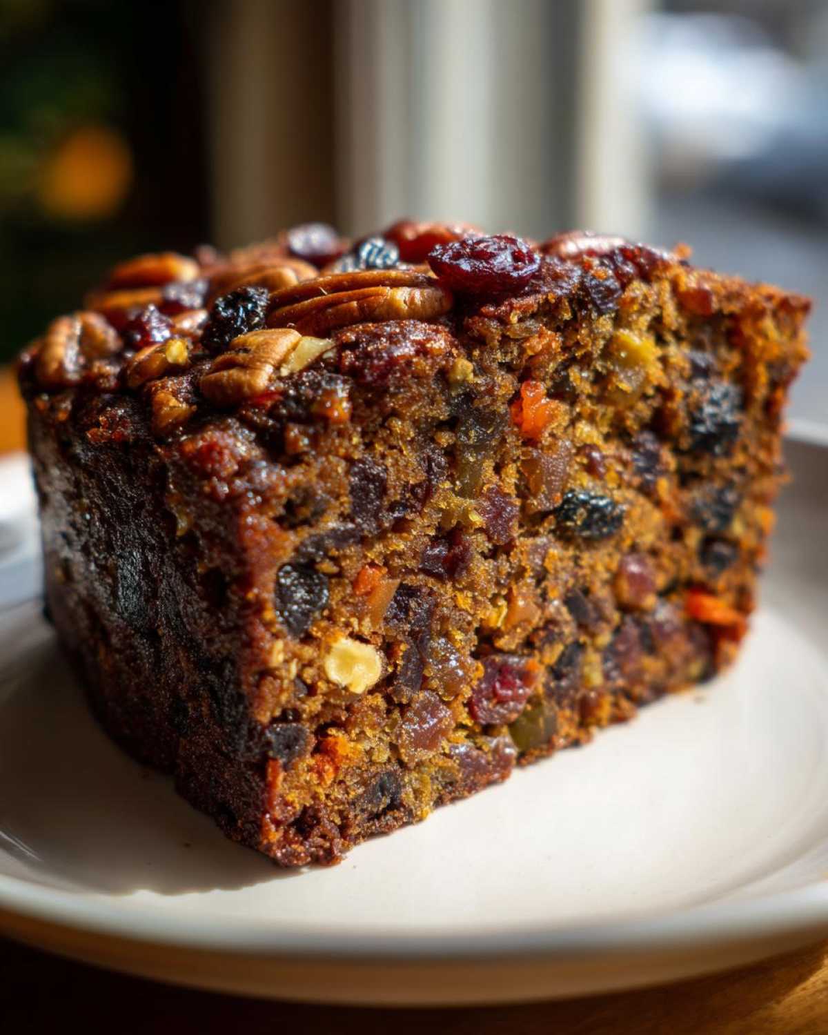 Close-up of a moist slice of fruit cake loaded with dried fruits and topped with pecans and dried cranberries.